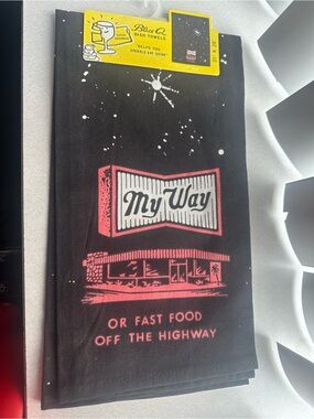 Blue Q Black Dish Towel with Pink Retro Diner Graphic